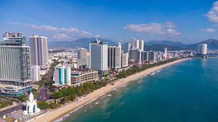 Fototapeta na wymiar central beach, general view, cityscape nha trang city in vietnam shot from drone, gorgeous asia, beach by the sea, modern city in tropics