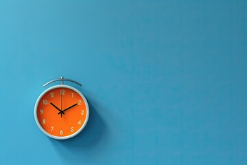 Fototapeta na wymiar 0443. orange clock in front of blue wall. Generative AI