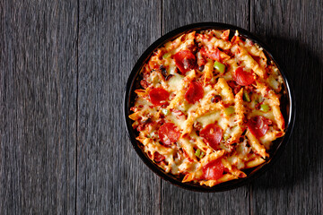 Pizza Casserole of pasta, beef, pepperoni, cheese