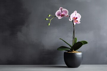 0448. Orchid in front of dark wall. Generative AI