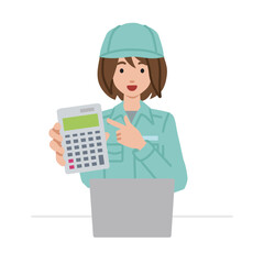 座ってデスクでノートPCを開いて電卓を指差してこちらに向けて見せている作業員の女性