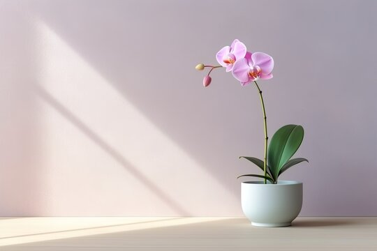 0449. Orchid in front of light pastel wall. Generative AI