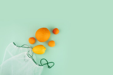 textile bag with orange fruits, sustainable string bag for responsible consumers, copy space