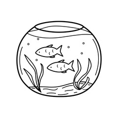 Glass aquarium with fish. Vector doodle illustration indoor aquarium with pet fish. Isolate on white.