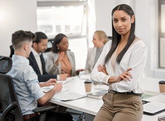 Obraz premium Portrait, woman and accountant with arms crossed for business, leadership and office meeting. Face, confidence and female entrepreneur, professional and auditor with success mindset for career or job