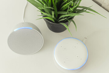 Voice controlled speaker with activated voice recognition, on wooden table in living room with plant. virtual assistant AI.