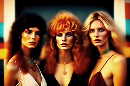 1970s Young Female Friends Social Group Portrait. Created with Generative AI