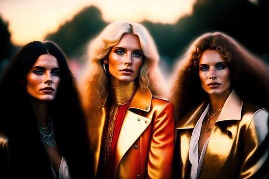 1970s Young Female Friends Social Group Portrait. Created with Generative AI
