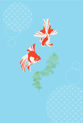 夏の金魚と浮草の青色の背景イラスト