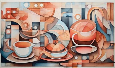 symbols of coffee painted in cubist's watercolor style - obrazy, fototapety, plakaty