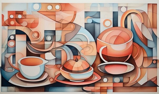 symbols of coffee painted in cubist's watercolor style