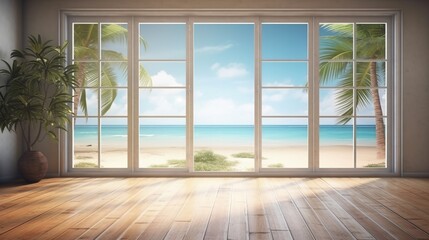Naklejka na ściany i meble Beautiful view window for luxury lifestyle design. Natural background. Stock illustration. Summer nature decoration with palm. Travel Design background.