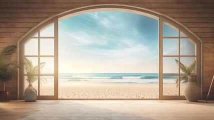 Obraz na płótnie Canvas Beautiful view window for luxury lifestyle design. Natural background. Stock illustration. Summer nature decoration with palm. Travel Design background.