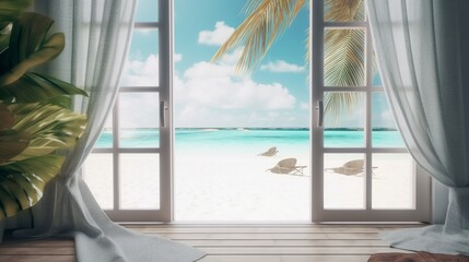 Fototapeta na wymiar Beautiful view window for luxury lifestyle design. Natural background. Stock illustration. Summer nature decoration with palm. Travel Design background.