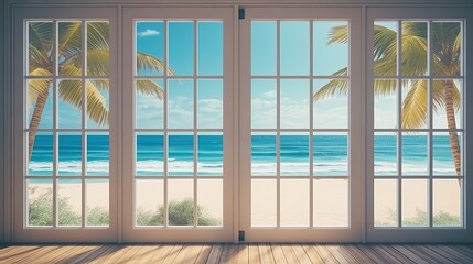 Fototapeta premium Beautiful view window for luxury lifestyle design. Natural background. Stock illustration. Summer nature decoration with palm. Travel Design background.