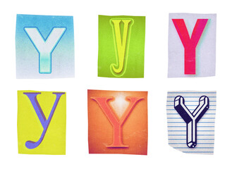 Letter Y ransom note paper cut-out collage elements in various graphic styles isolated on transparent background