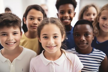 child girl school group portrait student boy education happy elementary pupil friend young kid smiling little class classroom, created using generative ai technology