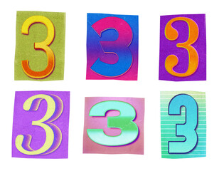 Number 3 ransom note paper cut-out collage elements in various graphic styles isolated on transparent background