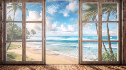 Beautiful view window for luxury lifestyle design. Natural background. Stock illustration. Summer nature decoration with palm. Travel Design background.