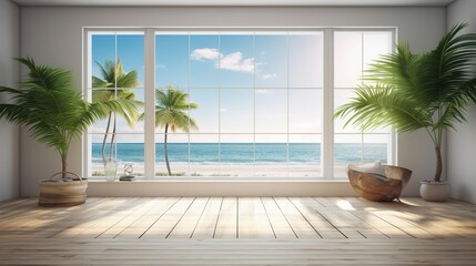 Naklejka premium Beautiful view window for luxury lifestyle design. Natural background. Stock illustration. Summer nature decoration with palm. Travel Design background.