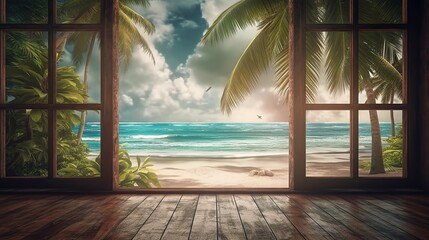 Beautiful view window for luxury lifestyle design. Natural background. Stock illustration. Summer nature decoration with palm. Travel Design background.