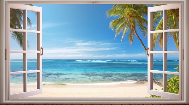 Fototapeta Beautiful view window for luxury lifestyle design. Natural background. Stock illustration. Summer nature decoration with palm. Travel Design background.