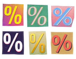 Percentage symbol ransom note paper cut-out collage elements in various graphic styles isolated on transparent background