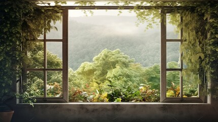 Beautiful Travel natural landscape. View window in realistic style on natural background.