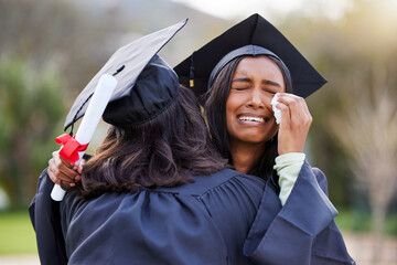 Education, graduation and crying with friends hugging in support or celebration at a university...