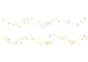 Gold snowflakes frame on white background. New year theme. Horizontal shiny Christmas frame for holiday banner, card, sale, special offer. Falling snow with gold snowflake and glitter for party invite