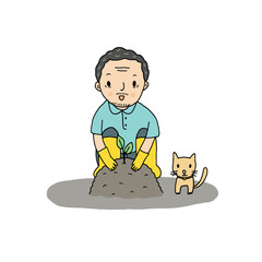 old man gardening with cat, hand drawn style vector