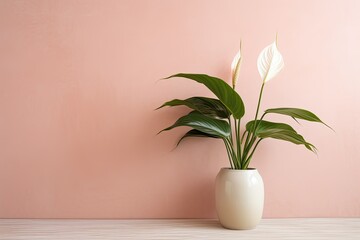 0455. Peace lily in front of light pastel wall. Generative AI