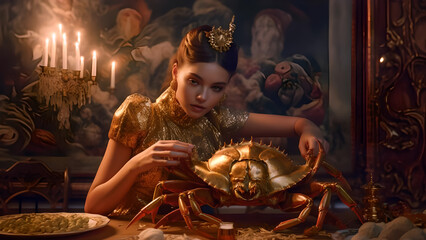 Plakat A girl in a restaurant eats crab Generative AI