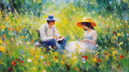 Fototapeta na wymiar Romantic impressionistic oil painting of a couple enjoying a picnic on a lush summer meadow. Beautiful artistic image for poster, wallpaper, art print. Generative AI.