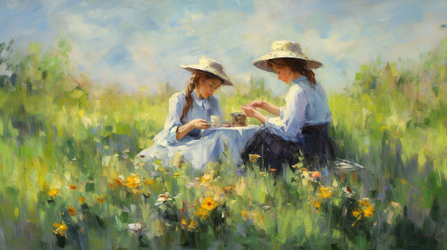 Impressionistic oil painting of two young women enjoying a picnic on a lush summer meadow. Beautiful artistic image for poster, wallpaper, art print. Generative AI.