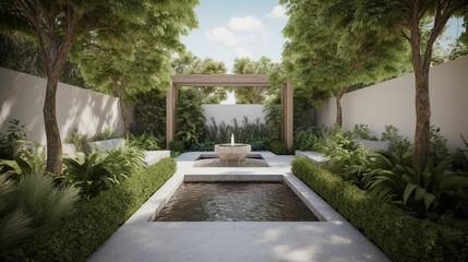 Fototapeta na wymiar Tranquil courtyard oasis with lush greenery and serene water features