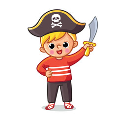 Little boy dressed up as a pirate and plays with a sword in his hand. Vector illustration in cartoon style.