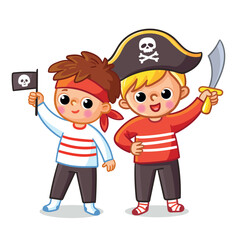 Little boys dressed up as pirates and play on a white background. Vector illustration in cartoon style.
