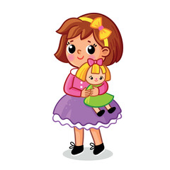 Cute little girl in a purple dress is holding a doll in her hands. Vector illustration in cartoon style.