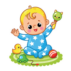 Cute baby sits on the floor and plays with toys on a white background. Vector illustration.