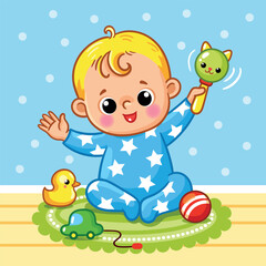 Cute baby sits on the floor and plays with toys in the children's room. Vector illustration in cartoon style.