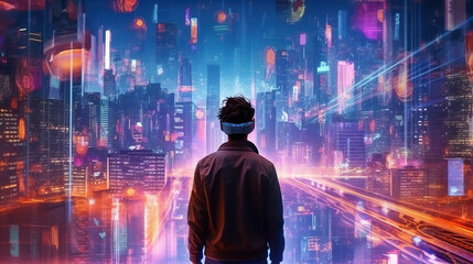 In the metaverse, a man embraces AR and VR technology in a virtual city. Generative Ai