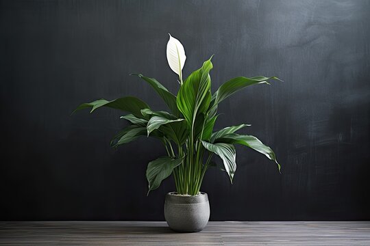 0457. Peace lily plant in front of dark wall. Generative AI