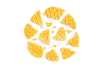 Broken crispy waffles isolated on white background, Homemade waffles