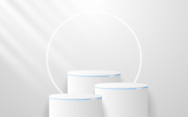 Multi-tiered white podium with elegant blue lines along with a glowing white circular line on the back for product presentation. Display of cosmetic products. Stage or podium. vector illustration
