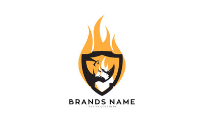 Rhino head with fire shield vector logo