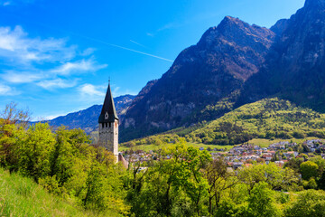 View of Balzers town with Saint Nicholas church in Liechtenstein