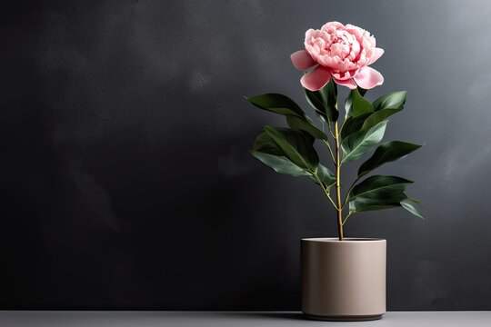 0463. Peony plant in front of dark wall. Generative AI