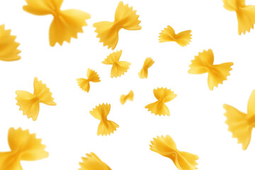 Falling raw Farfalle, uncooked Italian Pasta, isolated on white background, selective focus