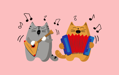 Cats cartoon Singing and plays the harmonica and balalaika. Cats  musicians. Animal, pet, musical instrument. Song, music. Vector illustration, background isolated. - obrazy, fototapety, plakaty